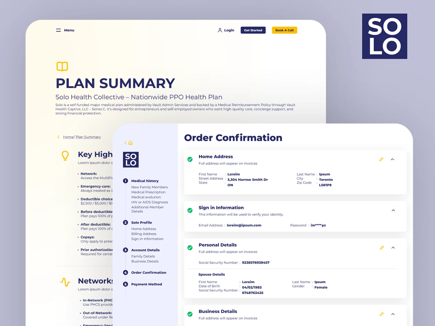 Solo Health Collective mobile interface showing plan selection